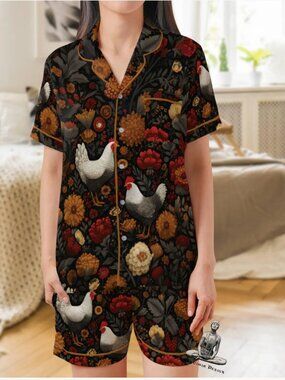 Chicken Pajama Set: Women's Satin Short Sleeve Sleepwear